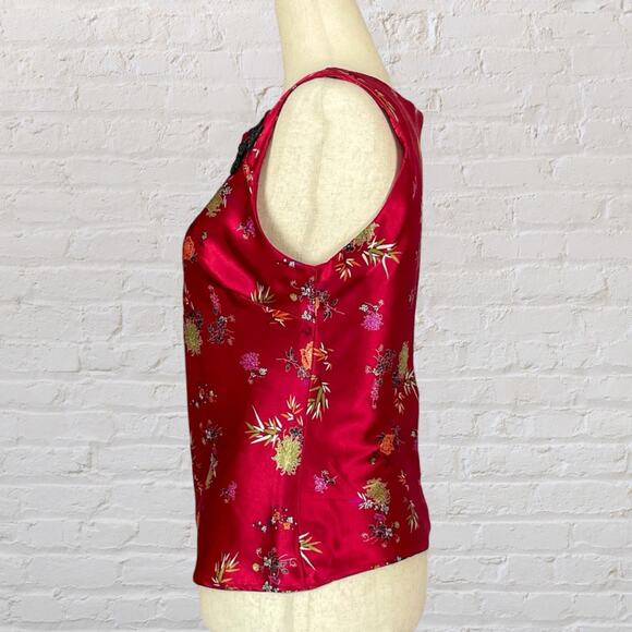 Vintage 90s Charlotte Russe Red Satin Floral Top Mandarin Collar - Picture 4 of 7